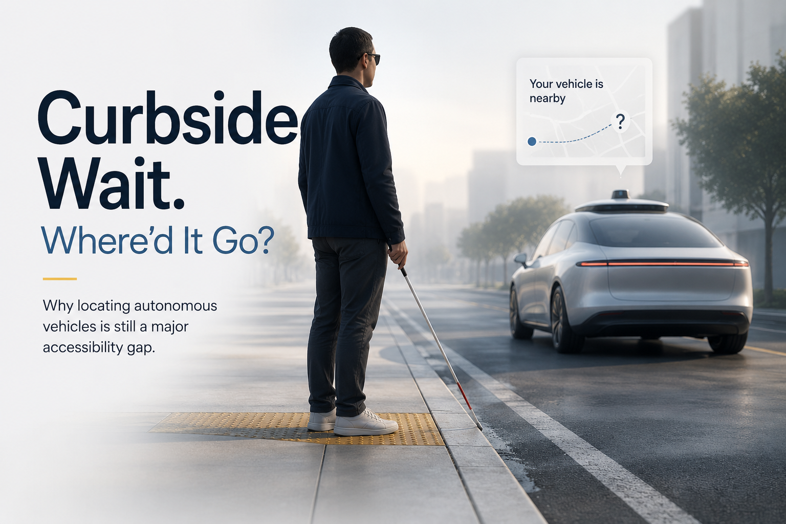 Illustration of a man with a white cane standing at a curb ramp, looking toward a driverless car stopped on the street. A phone notification above the car reads 'Your vehicle is nearby.' Text overlay reads: Curbside Wait. Where'd It Go? Why locating autonomous vehicles is still a major accessibility gap.